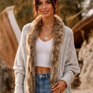 Military Hippie Felicity Cable Knit Faux Fur Open Cardigan One Sze